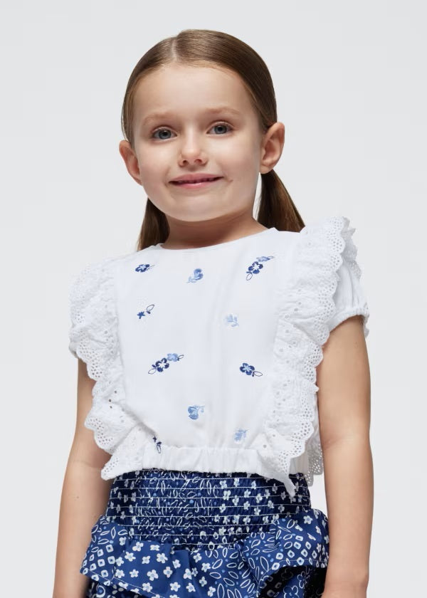 Mayoral-T-Shirt kurzarm Rüsche-Weiss-Blau